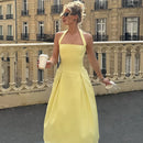 Vestido midi sexy cuello halter espalda descubierta liso sin mangas corte A-8