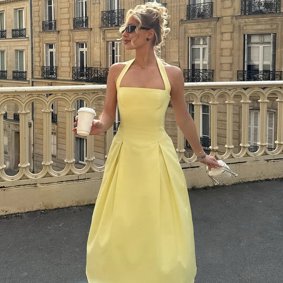 Vestido midi sexy cuello halter espalda descubierta liso sin mangas corte A