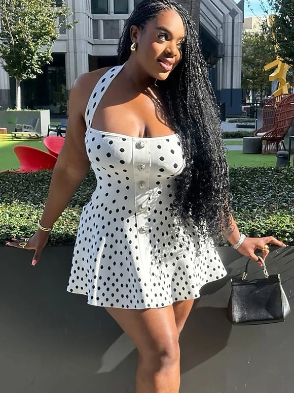 Mini-robe sexy élégante à pois pour femme dos nu sans manches coupe trapèze