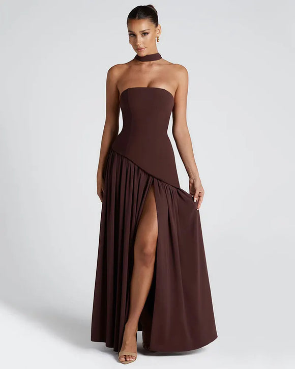 Women's Sexy Maxi Dress Elegant Strapless Backless High Slit Evening Gown