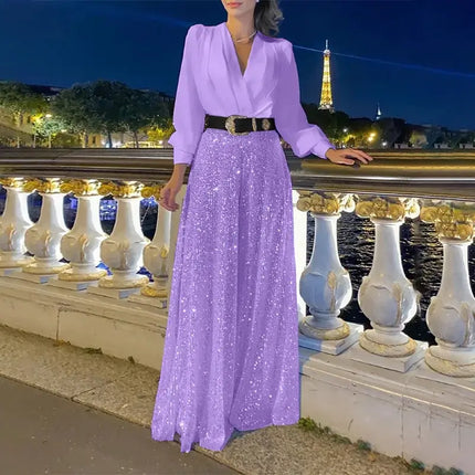 Jumpsuit Sequins Slim High Waist Belted Party Romper