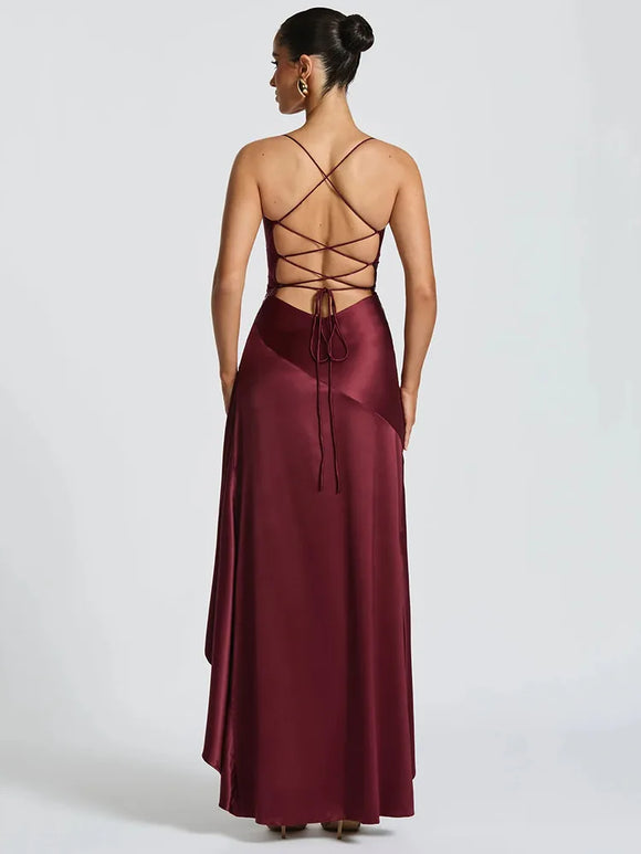 Articat Elegant Sexy Long Dress Satin Women Spaghetti Straps Backless Slit