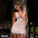 Gia Vestido de Novia Mini Espalda Descubierta con Escote en V Profundo, Lentejuelas y Plumas-7