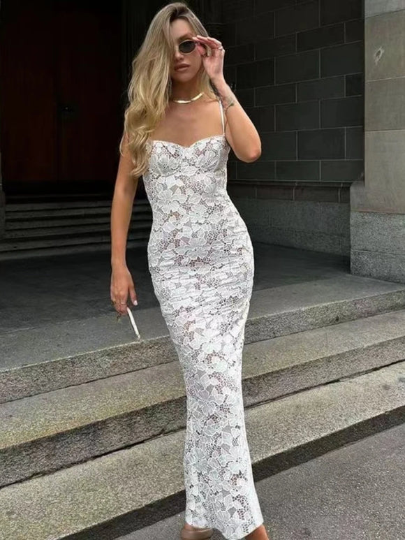Elegant Midi Dress Sexy Lace Sleeveless for Women Evening Gown