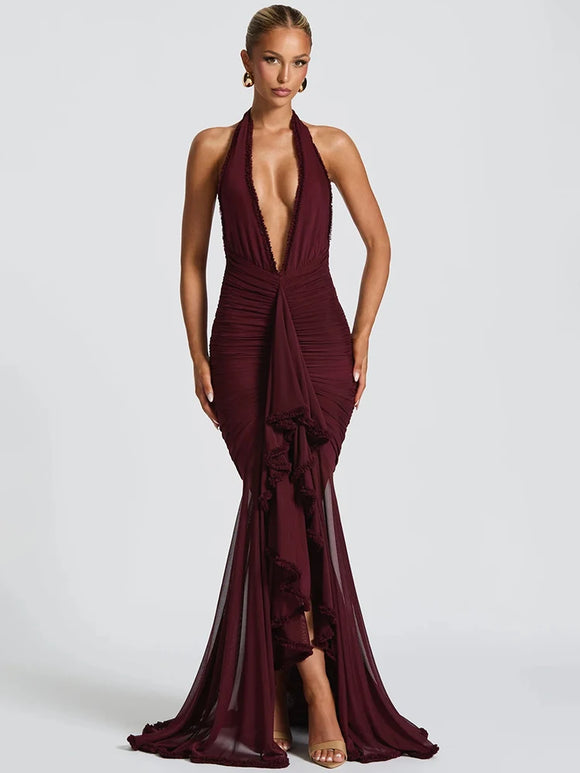 Women's Sexy Long Dress Deep V Neck Backless Elegant Party Gown