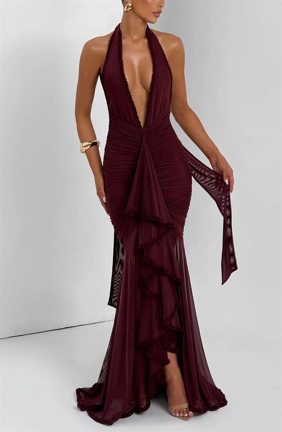 Women's Sexy Long Dress Deep V Neck Backless Elegant Party Gown