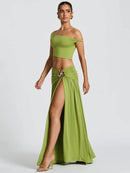 Women's Sexy Dress Set Backless Slanted Neck Crop Top and Slit Skirt