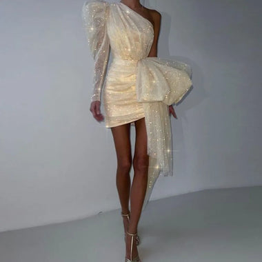  Women’s Wedding Mini Dress Elegant Bling Tulle One Shoulder Puff Sleeve Bow 