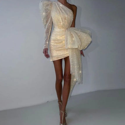  Women’s Wedding Mini Dress Elegant Bling Tulle One Shoulder Puff Sleeve Bow 