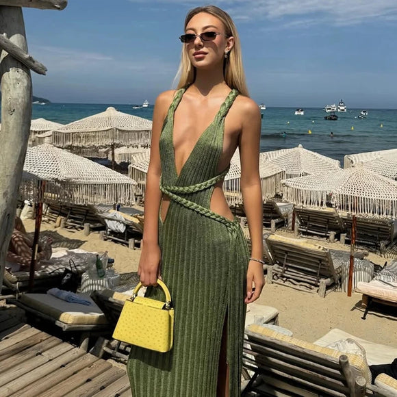 Women's Sexy Long Knit Dress Sleeveless Backless Elegant Side Slit