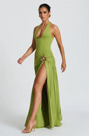 Conjunto de vestido largo sexy elegante sin espalda cuello halter falda larga con abertura-10