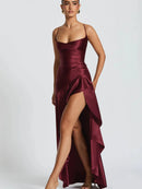 Articat Elegant Sexy Long Dress Satin Women Spaghetti Straps Backless Slit