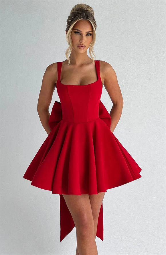 Women's Sexy Mini Dress Elegant Backless Bow Spaghetti Strap