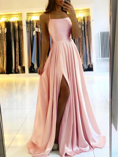 Buy dusty-pink-lace-up Women's Sexy Long Dress Spaghetti Strap Elegant Satin with Leg Slit