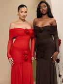 Women's Sexy Maxi Dress Off Shoulder Strapless Long Sleeve Backless