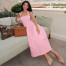 Vestido midi sexy cuello halter espalda descubierta liso sin mangas corte A-20