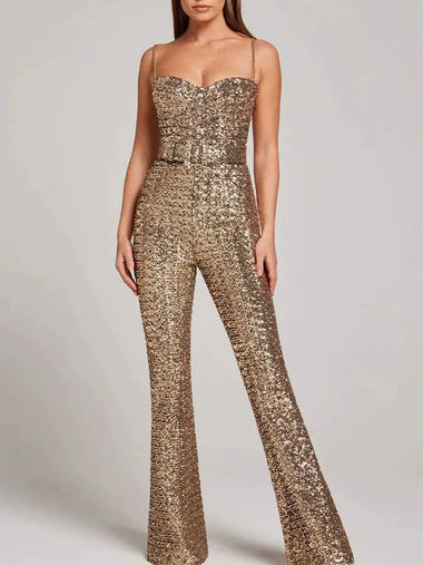 Women's Jumpsuit Sequin Sleeveless Sparkle Backless With Belt Party