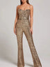 Women's Jumpsuit Sequin Sleeveless Sparkle Backless With Belt Party