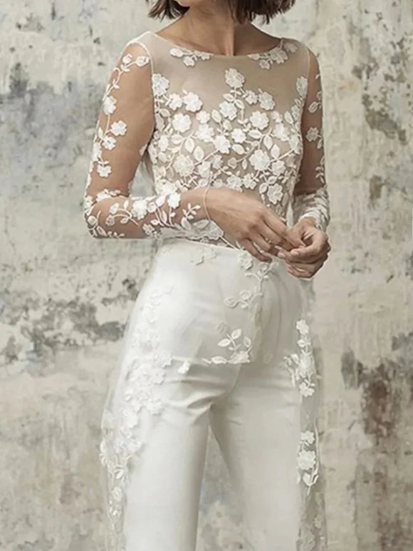 Women's Wedding Jumpsuit Elegant Lace Two Piece High Waist Long Sleeve