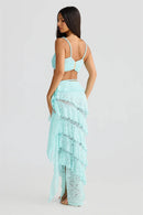 Conjunto sexy dos piezas para mujer top corto de encaje falda larga y elegante-12