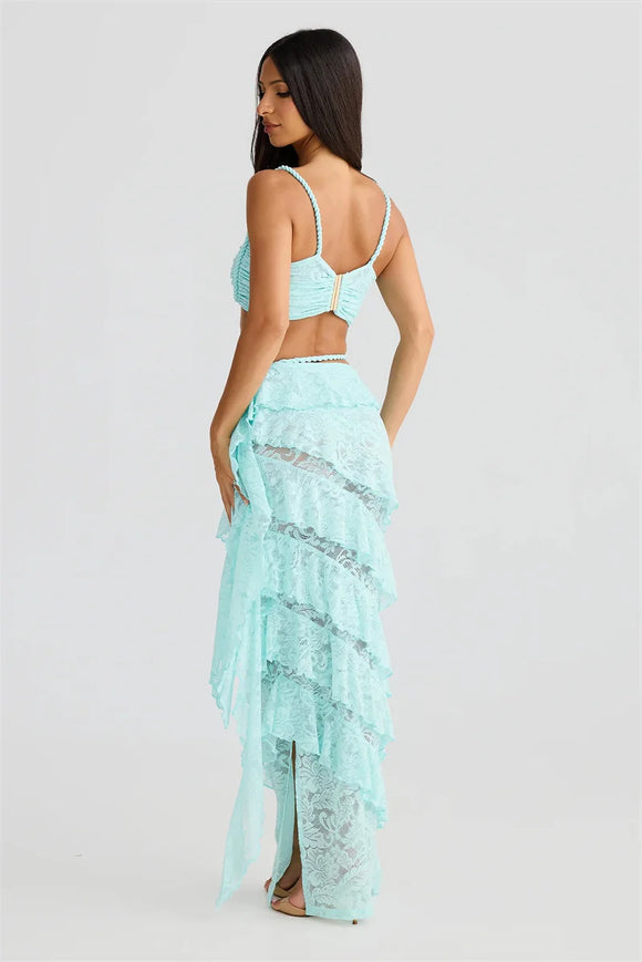 Conjunto sexy dos piezas para mujer top corto de encaje falda larga y elegante