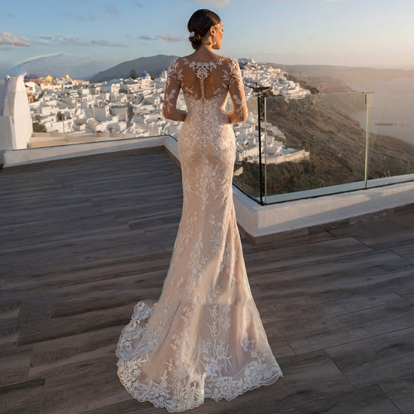 Valentina Custom Made Mermaid Wedding Dress Long Lace Sleeves Detachable Train