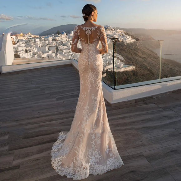 Valentina Custom Made Mermaid Wedding Dress Long Lace Sleeves Detachable Train