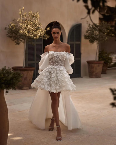 Customize White Mini 3D Flowers With Pearls Wedding Dress Detachable Puffy Sleeve And Train vestidos de novia A-line After Party - 0