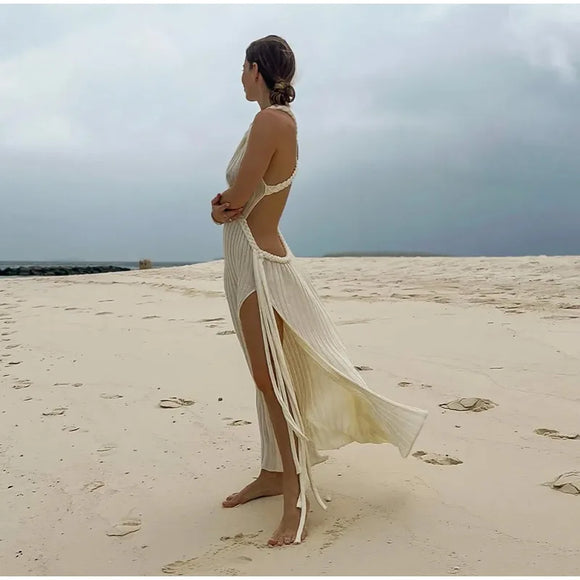 Women's Sexy Long Knit Dress Sleeveless Backless Elegant Side Slit