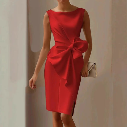 Elegant Sexy Dress For Women Round Neck Sleeveless Bow Slit Evening
