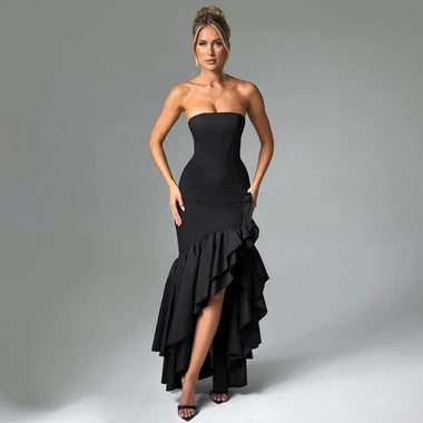 Buy black Women's Sexy Maxi Dress Elegant Ruffles Sleeveless Backless Bodycon
