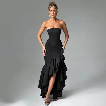 Buy black Women's Sexy Maxi Dress Elegant Ruffles Sleeveless Backless Bodycon