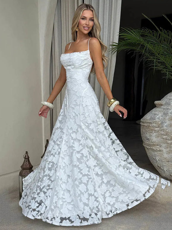 Elegante vestido largo de gasa con patchwork y tirantes finos sin espalda 