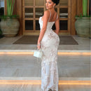 Elegant Long Dress for Women Straps Mesh Embroidered Flowers Evening