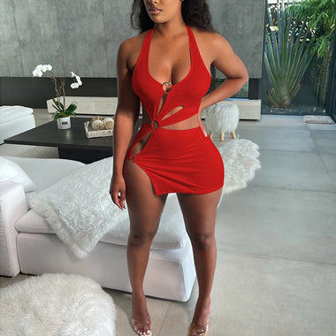 Women's Sexy Mini Dress Elegant Bodycon Stretchy Halter Neck
