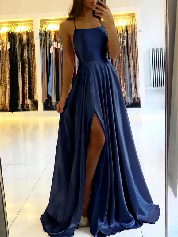 Women's Sexy Long Dress Spaghetti Strap Elegant Satin with Leg Slit