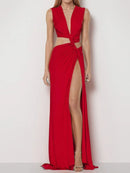 Women's Sexy Dress Deep V Neck Elegant Openwork Slit Sleeveless