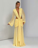 Robe Maxi Élégante Pour Femme Manches Longues Col V Profond Dos Nu.-8