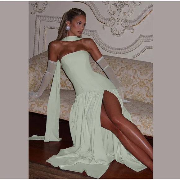 Vestido largo sexy elegante sin tirantes sin espalda abertura alta 