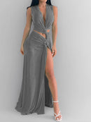 Robe sexy décolleté en V profond élégante ajourée fendue sans manches-22