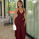 Sexy Set 2 Pieces for Women Elegant Lace Up Backless Bodysuit Slit Skirt