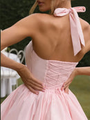 Women's Sexy Mini Dress Pleated Halter Lace Up Backless Puffed Skirt