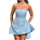 Women's Sexy Short Prom Dress Jacquard Backless Strapless Satin