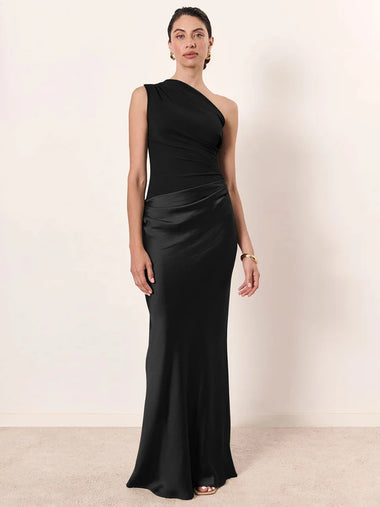 Buy black Women's Sexy Maxi Dress Elegant Satin One Shoulder Backless Bodycon