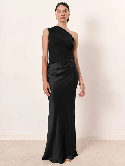 Buy black Women's Sexy Maxi Dress Elegant Satin One Shoulder Backless Bodycon