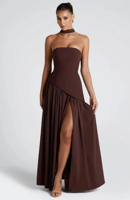 Buy dark-brown Women's Sexy Maxi Dress Elegant Strapless Backless High Slit Evening
