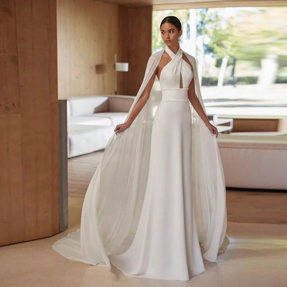 Solène Custom Made Satin Mermaid Wedding Dress with Halter Neck and Dramatic Cape