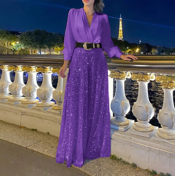 Women’s Jumpsuit Elegant Sequins Slim High Waist Belted Party Romper