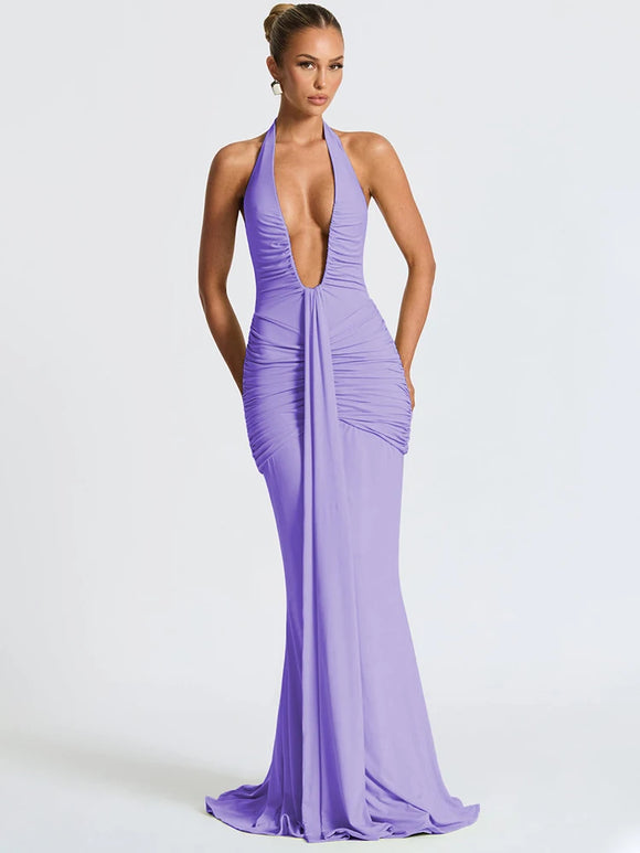 Robe longue sexy à col en V profond dos nu froncé élégante pour femme