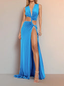 Robe sexy décolleté en V profond élégante ajourée fendue sans manches-25